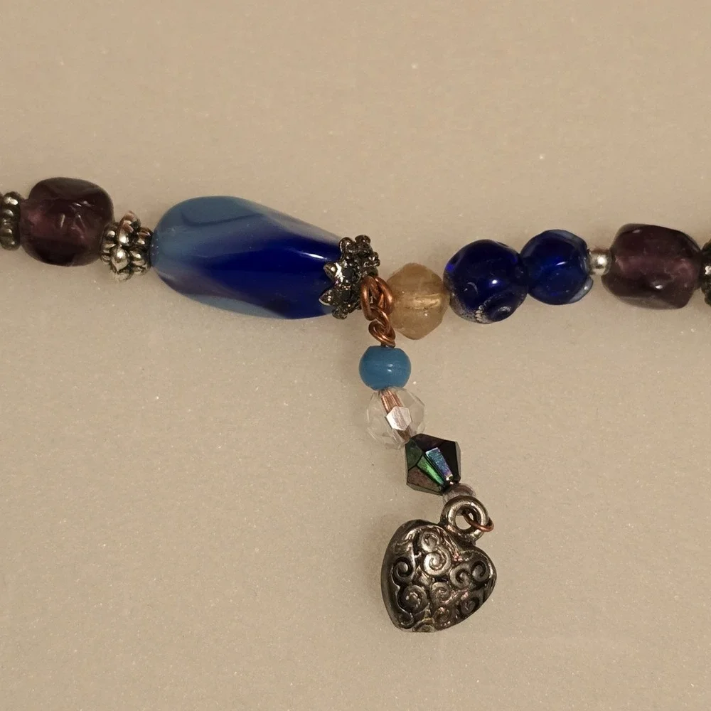 VTG Hand Wired Copper Glass Metal Beaded Stones Charm Bracelet Womens 9.5